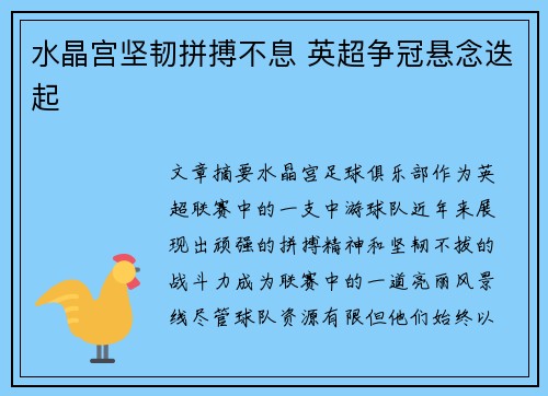 水晶宫坚韧拼搏不息 英超争冠悬念迭起